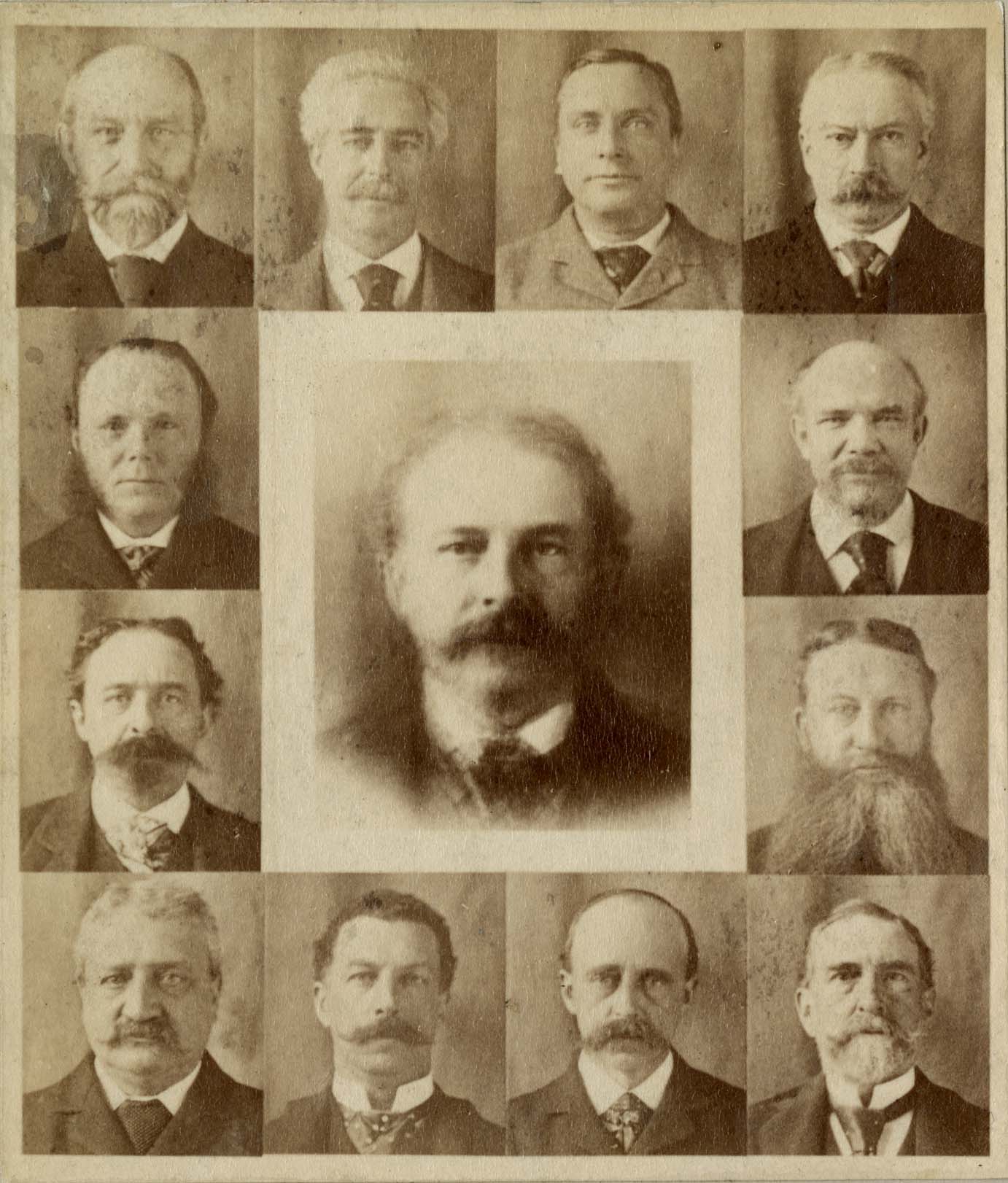 Doce retratos en sepia de médicos bostonianos de finales del siglo XIX dispuestos alrededor de un decimotercer retrato compuesto, más grande, en el centro — un rostro construido promediando fotográficamente los doce, que no pertenece a ningún sujeto individual.